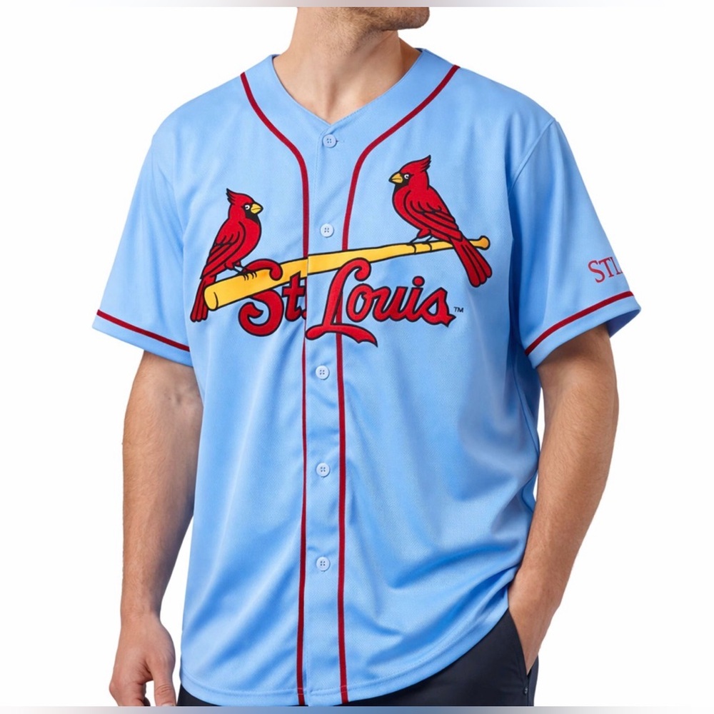 Majestic St. Louis Light Blue Baseball Jersey with Red Trim